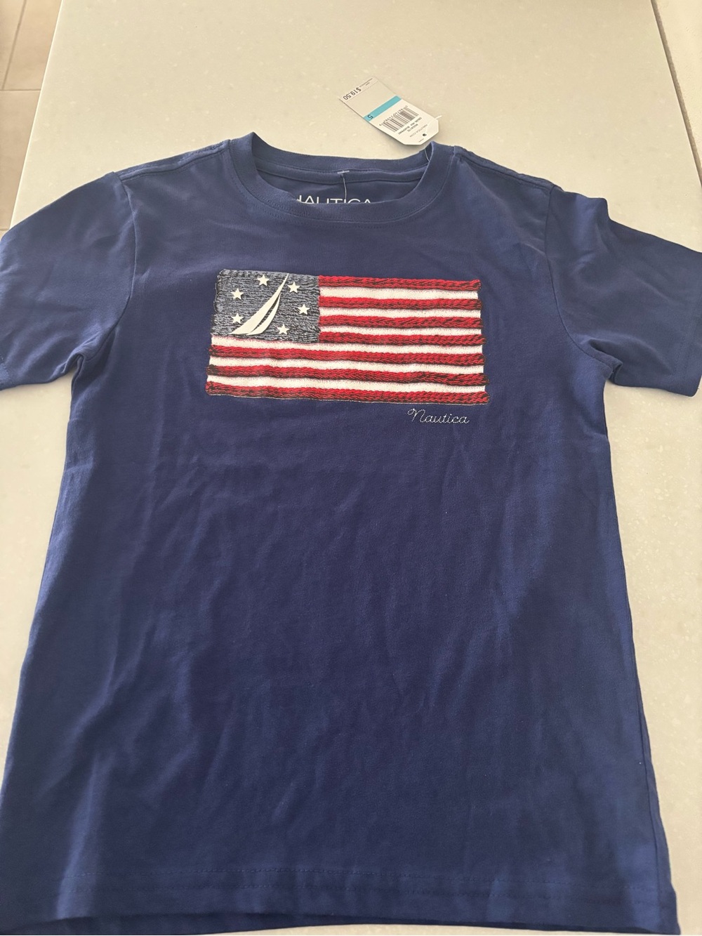 Nautica Navy Tee with Red, White & Blue Flag Graphic Boys 5